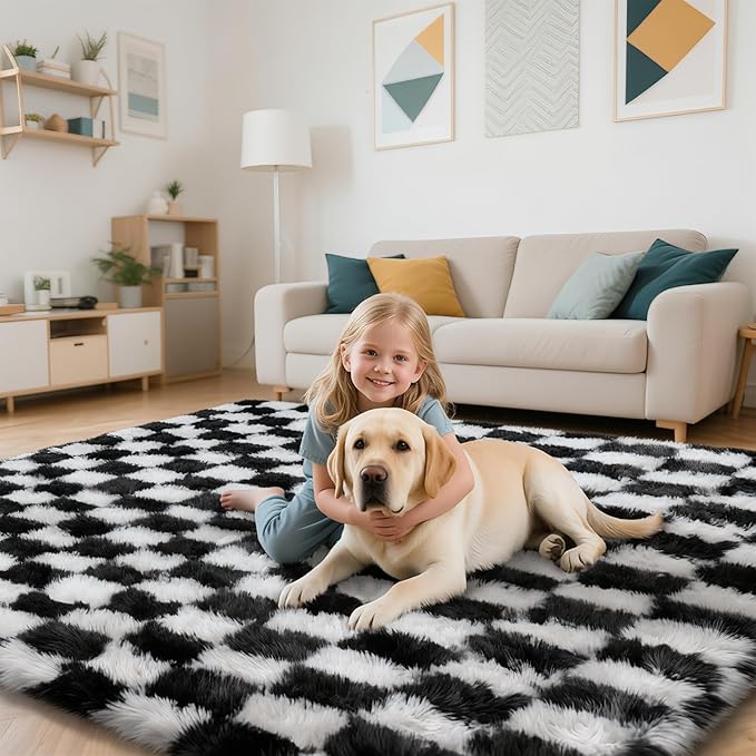 Checkered Rug for Bedroom, 4x6 Black and White Area Rugs, Classic Checkered Carpets Shaggy Area Rug, Bedside Rugs for Living Room Bedroom Kids Room Home Decor