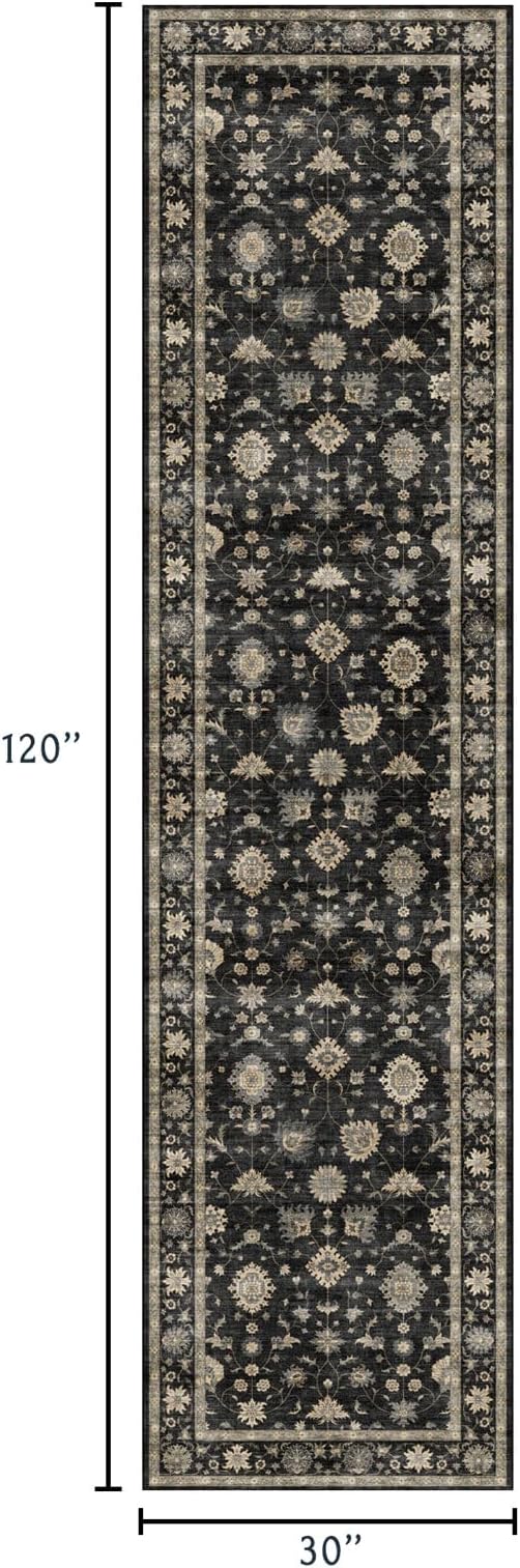 Runner Rugs for Hallway 2.5x10ft - Long Non-Slip Charcoal Black Washable Boho Runner Rug Low Pile Soft Vintage Farmhouse Traditional Moody Carpet for Kitchen Living room Indoor Entryway Bedroom