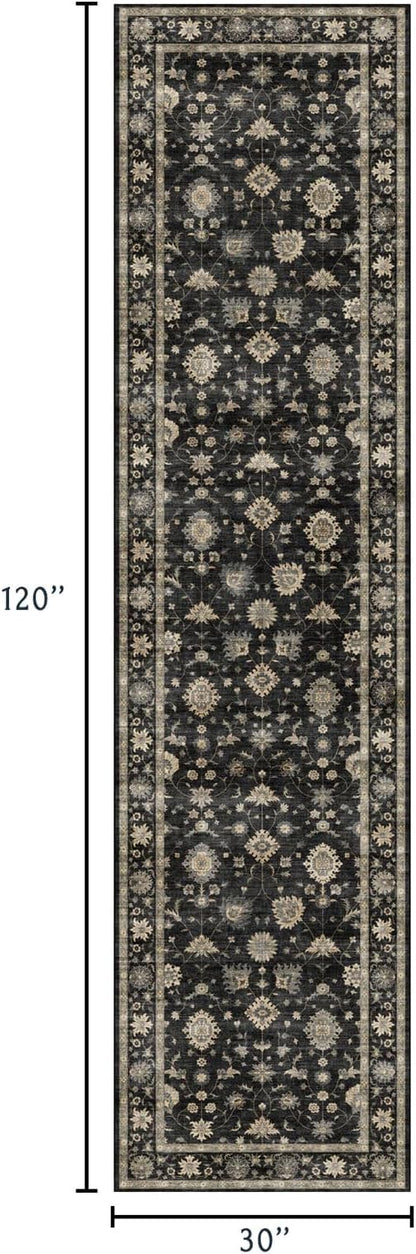 Runner Rugs for Hallway 2.5x10ft - Long Non-Slip Charcoal Black Washable Boho Runner Rug Low Pile Soft Vintage Farmhouse Traditional Moody Carpet for Kitchen Living room Indoor Entryway Bedroom
