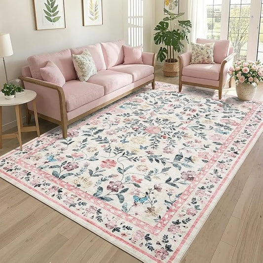 GarveeHome Washable Area Rug 9 x 12 for Living Room, Non-Slip Soft Vintage Rug, Low Pile Farmhouse Floral Carpet, Non-Shedding Indoor Foldable Printed Rugs for Bedroom, Pink