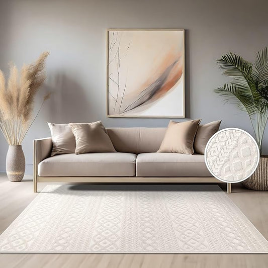 Paco Home Modern Area Rug with Carved Geometric Pattern in Cream Ivory, Size: 4' x 5'7"
