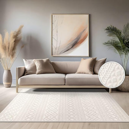 Paco Home Modern Area Rug with Carved Geometric Pattern in Cream Ivory, Size: 5'3" x 7'7"