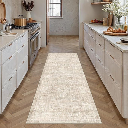 2x6 Beige Washable Runner Rug for Kitchen Hallway Neutral Soft Non Slip Rug Low Pile Vintage Distressed Carpet for Bathroom Bedroom Indoor Nursery
