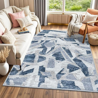 Blue 6X9 Area Rugs for Living Room Bedroom,Modern Abstract Large Carpet Washable Rugs 6X9 for Dining Room Office,Non Slip Print Faux Wool Thin 6 by 9 Indoor Nursery Kids Home Pet & Child Friendly