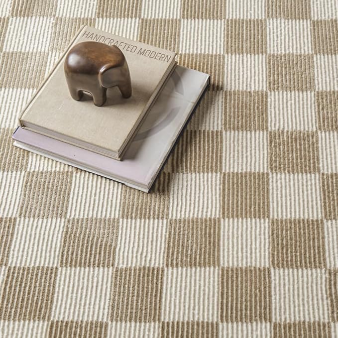 Revival Rugs Gambit 5'3"x8' Checkered Rug Washable Area Rug for Living Room Bedroom - 100% Recycled Oeko-TEX Certified, Medium Pile, Camel, Beige