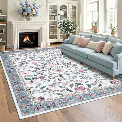 GarveeHome Large Washable Area Rug 10 x 13 for Living Room, Non-Slip Soft Vintage Rug, Low Pile Farmhouse Floral Carpet, Non-Shedding Foldable Printed Rugs for Bedroom, Light Blue