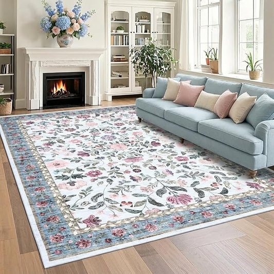 GarveeHome Large Washable Area Rug 10 x 13 for Living Room, Non-Slip Soft Vintage Rug, Low Pile Farmhouse Floral Carpet, Non-Shedding Foldable Printed Rugs for Bedroom, Light Blue