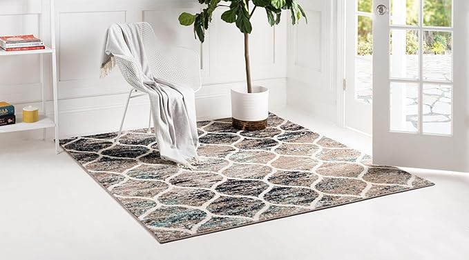 Rugs.com Lattice Frieze Collection Rug – 6' Square Blue Multi Medium Rug Perfect for Living Rooms, Kitchens, Entryways