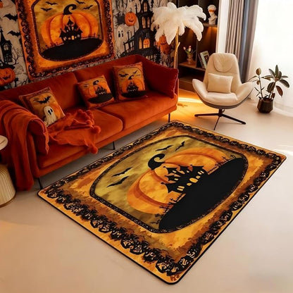 Halloween Pumpkin Large Area Rug 5x7 Spooky Haunted House Living Room Rug | Vintage Gothic Rugs for Bedroom, Castle Silhouette Carpet Indoor Floor Mat,Bats Halloween Decoration