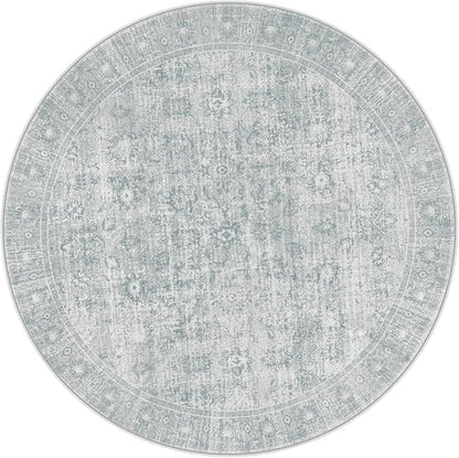 LIVEBOX Washable Area Rug 4ft Boho Round Rug Traditional Rugs for Bedroom, Ultra-Thin Retro Carpet Grey Print Distressed Accent Circle Rugs for Nursery Room Entryway Foyer