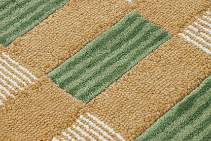 Hand-Tufted Wool Area Rug with Scalloped Edges, Beige and Green Plaid Pattern, Cozy and Soft Accent Rug for Living Room, Bedroom, and Nursery, Handmade Decorative Rug, 8x10 Ft