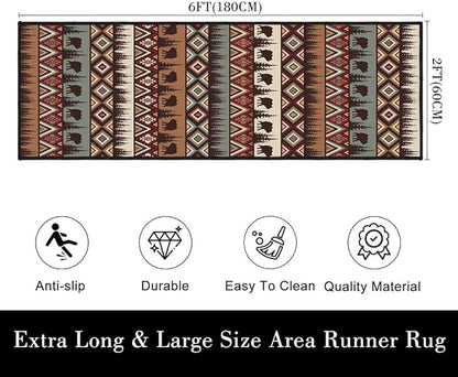 Rustic Cabin Wildlife Long Runner Rug 2x6 Throw Rug,Bear Moose Deer Country,Vintage Area Rug Washable Hallway Rugs Non-Slip Farmhouse Floor Carpet Runner for Bedroom Laundry Room Entrance Door Mat