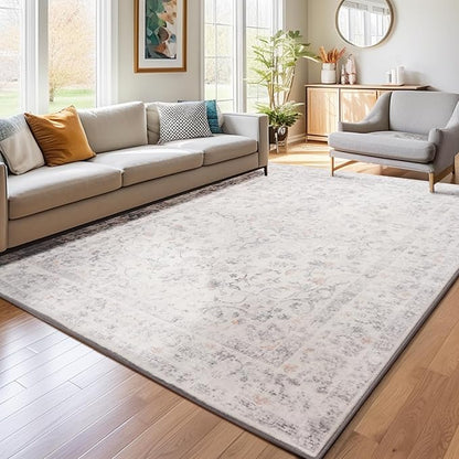 Area Rug – 6x9 Washable Ultra-Soft Vintage Boho Faux Wool Carpet for Living Room, Dining Room, Bedroom, Home Office (Grey)