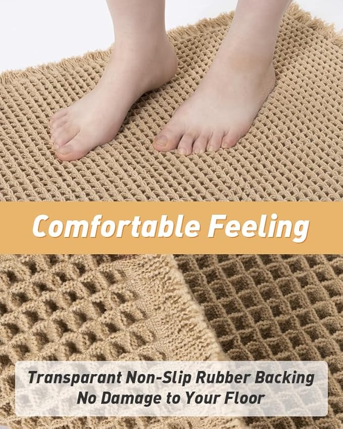 Upgraded Waffle Runner Rug, Super Absorbent Non Slip Bath Mats for Bathroom Floor, Machine Washable Bathroom Runner Rug with Tassels, Ideal for Hallway Bedroom Laundry Room, Brown, 2'x 5'(24" x 60")