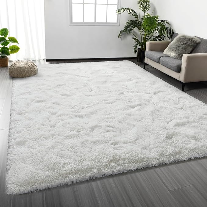Large Shag Area Rugs 8 x 10, Plush Fuzzy Rugs for Living Room, Ultra Soft Fluffy Furry Rug for Bedroom, Indoor Carpet Nursery Rugs for Kids Room Home Decor, White