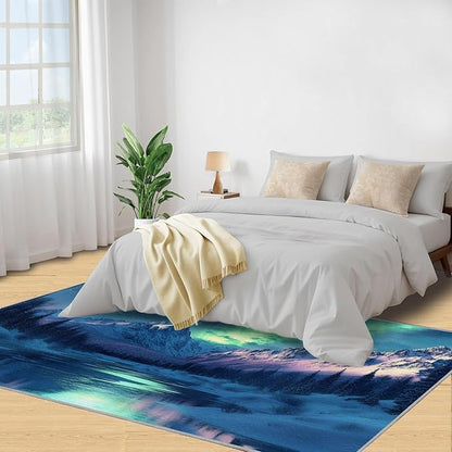 4x5 Snowy Mountains Indoor Outdoor Rug - Aurora Borealis Bedside Rug, Polar Landscape Washable Entry Way Rugs Kids Carpet for Inside House Playroom Living Room End Table Nursery