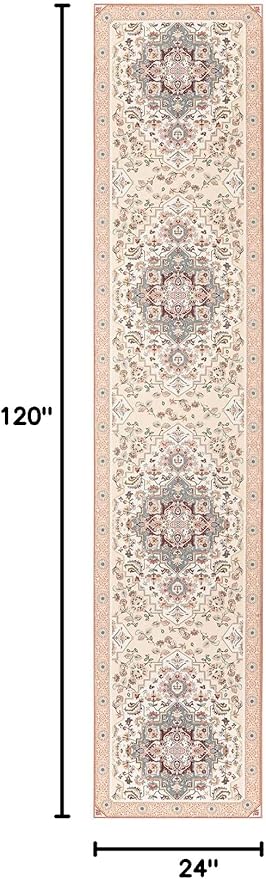 Phantoscope Washable Runner Rug 2'x10' Non-Slip, Vintage Boho Hallway Rugs for Entryway, Stair, Bedroom, Persian Floral Medallion Pattern, Low-Pile Foldable Floor Carpet, Ivory Rose/Fall Bloom