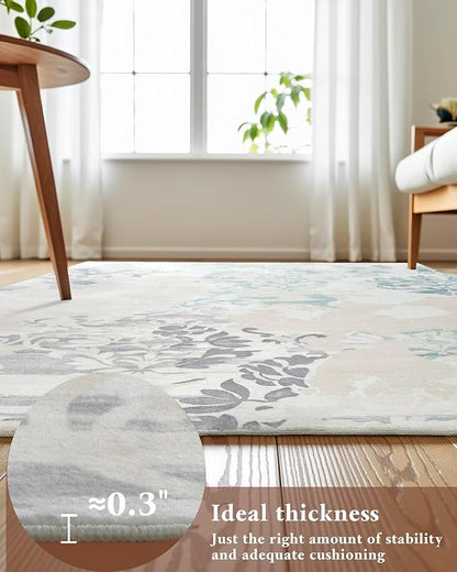 Washable Abstract Rug, 9x12 Ivory and Aqua Floral Area Rugs with Non-Slip Rubber Backed for Living Room, Low Pile Modern Throw Carpet Bedroom Dining Room Decor