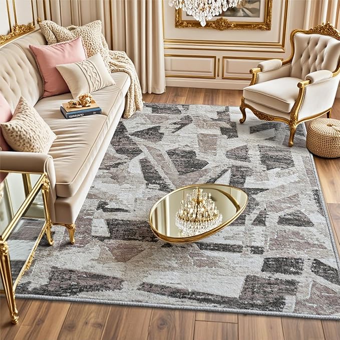 6X9 Area Rugs for Living Room Bedroom,Modern Abstract Large Carpet Washable Rugs 6X9 for Dining Room Office,Non Slip Gray Print Faux Wool Thin 6 by 9 Indoor Nursery Kids Home Pet & Child Friendly