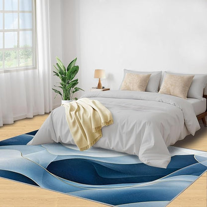 2x3 Abstract Lines Rugs for Entryway - Blue-White-Waves Small Area Rugs, Modern Abstract Laundry Room Carpet Non Slip Accent Throw Rug for Bathroom Kitchen Sink Front Door