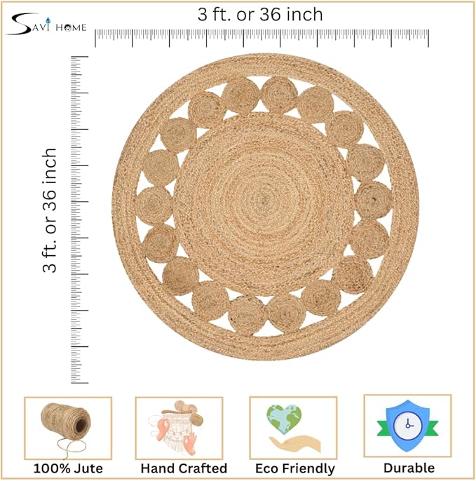 Savi Home Hand Woven Jute Braided Dot Rug, 3' Round - Natural, Reversible Area Rugs for Living Room, Farmhouse, Kitchen, Handcrafted 3 Feet Round Area Rugs - Natural