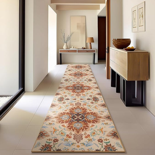 Phantoscope Washable Runner Rug 2'x10' Non-Slip, Vintage Boho Hallway Rugs for Entryway, Stair, Bedroom, Fall Orange Floral Medallion Pattern, Low-Pile Foldable Floor Carpet, Rust/Multi Floral