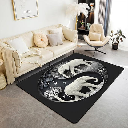 Elephant Area Rug 3x5 Bohemian Style Rugs for Living Room | Antique Decor Yin and Yang Washable Rug, Western Animals Carpet Indoor Floor Mat,Black Grey Beige