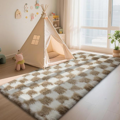 Checkered Rug for Bedroom, 2x4 Beige and White Area Rugs, Classic Checkered Carpets Shaggy Area Rug, Bedside Rugs for Living Room Bedroom Kids Room Home Decor