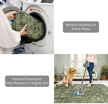 Morebes Vintage Kitchen Runner Rugs Non Skid Washable, Floral Boho 2x8 Runner Rug, Non Shedding Runner Rugs for Hallway Indoor Floor Carpet Runner for Laundry Room Bedroom, Grayish Green
