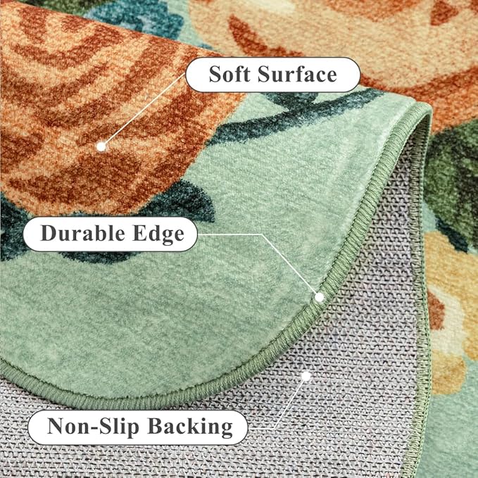 Washable Floral Runner Rug 2x6 Green Hallway Carpet Scalloped Flower Non Slip Soft Long Kitchen Runner Farmhouse Low Pile Thin Indoor Floor Cover for Bathroom Bedroom Laundry Room Entryway