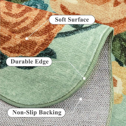 Washable Floral Runner Rug 2x5 Green Hallway Carpet Scalloped Flower Non Slip Soft Long Kitchen Runner Farmhouse Low Pile Thin Indoor Floor Cover for Bathroom Bedroom Laundry Room Entryway