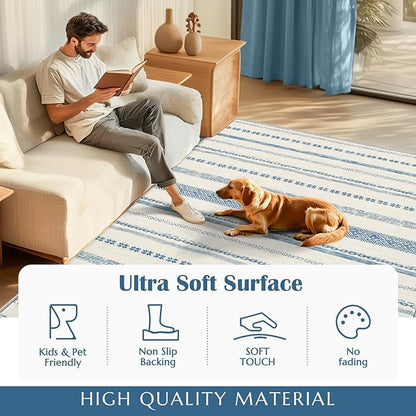 jinchan Moroccan Boho 6x9 Area Rugs for Living Room - Machine Washable Soft Throw Rug Bohemian Ripple Design Non-Slip Carpet for Bedroom Dining Room Home Office (6‘x9', Blue)