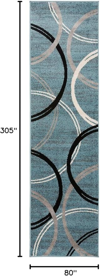 Rugshop Modern Wavy Circles Design Runner Rug, Carpet with Jute Backing for Hallway, Entryway, or Kitchen, Blue, 2'7" x 10'