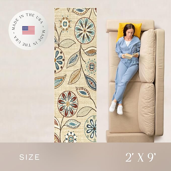 Maples Rugs Reggie Floral Runner Rug - Made in USA - Washable, Non Slip Indoor Carpet for Kitchen, Hallway, and Laundry Room, 2' x 9', Beige