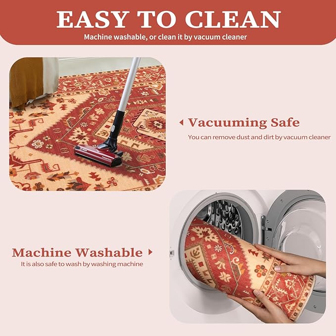 SERISSA 5x7 Boho Area Rug, Washable Non-Slip Rugs for Living Room, Large Red Beige Rug Ultra Soft Vintage Oriental Print Distressed Carpet for Bedroom Dining Room Dorm Office Home Decor