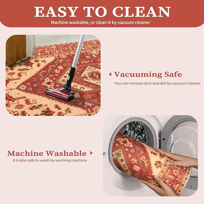 SERISSA Washable Rugs 8x10 Area Rugs, Large Non-Slip Boho Living Room Rug, Ultra Soft Oriental Vintage Red Beige Print Distressed Carpet for Dining Room Bedroom Dorm Office Home Decor