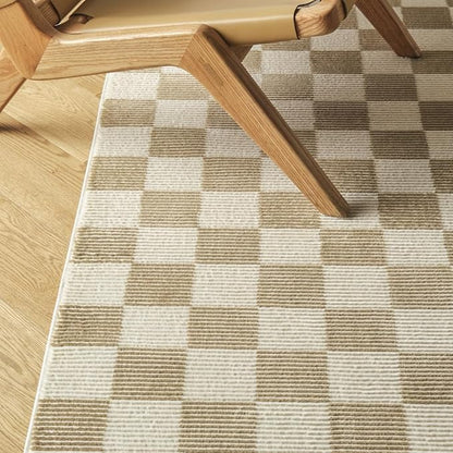 Revival Rugs Gambit 5'3"x8' Checkered Rug Washable Area Rug for Living Room Bedroom - 100% Recycled Oeko-TEX Certified, Medium Pile, Camel, Beige