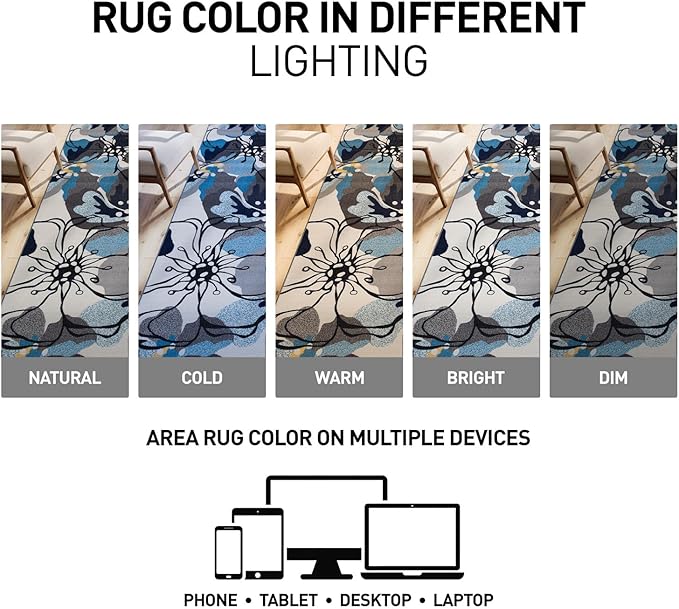 Modern Large Floral Non-Slip (Non-Skid) Area Rug 8 x 10 (7' 10" x 10') Gray-Blue