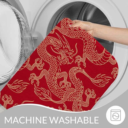 Dragon Bath Mat for Bathroom Traditional Flying Mascot Animal Chinese Dragons Red Bath Rugs Door Mat Non Slip Rubber Backed Bathroom Floor Mat for Bathtub Sink Shower 16"X24"