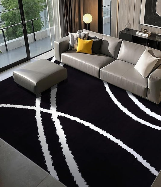 YIHOUSE Black Modern Area Rug 6x9,Abstract Rugs for Bedroom,Minimalist Striped Rug,Black and White Geometric Rug,Dark Washable Area Rugs 6x9 Non Slip Rugs for Living Room，Office