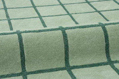 Mint Green Scalloped Edge Wool Area Rug with Checker Grid Design, Hand-Tufted Soft Carpet for Living Room, Bedroom, Nursery, Kids & Playroom Décor - 3x6 Ft