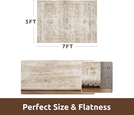 AMOAMI-Area Rug 5X7 Rugs for Living Room-Vintage Soft Beige Rugs for Bedroom-Non Slip Carpet-Machine Washable Rug for Dining Room Living Room Bedroom Office Under Table-Beige