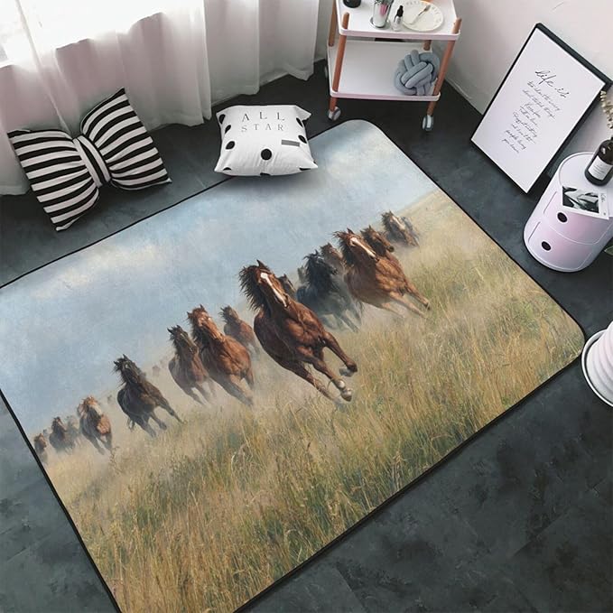 Horses Gallop Across The Grassland Area Rug Washable Outdoor Rugs Anti-Slip Soft Carpet Entryway Indoor Door Mat for Bedroom,Living Room,Porch,Terrace and Entrance Decor 9'x 6'