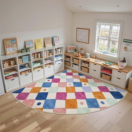 jinchan Macy Kids Rug for Classroom 7ft Radius Corner Washable Area Rug Modern Colorful Quarter Circle Rug Soft Non-Slip Carpet for Nursery Playroom Daycare Reading Nook Living Room Berries on Cream