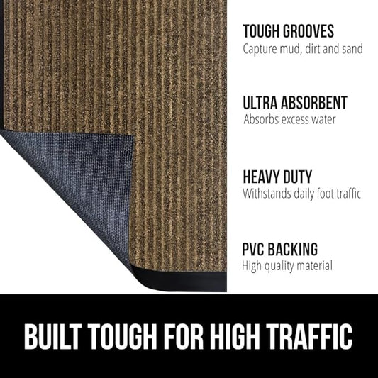 GORILLA GRIP Waterproof Traffic Guard Door Mat, 2 Pack Heavy Duty Entryway Mats, Strong Rubber Back Commercial Utility Rugs for Office Hallway, Garage Floor and Home, Low Profile Carpet, 35x23, Brown