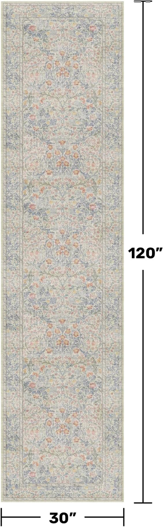 Beige Blue Washable 2'6"x10' Wide Hallway Runners, Kitchen Runner Rug, Non-Slip & Stain Resistant 10ft Long Floor Rug, Retro Lilic Boho Floral Décor