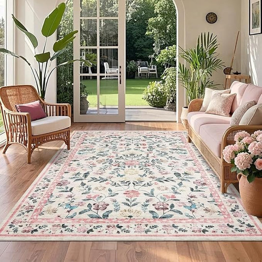 Floral Washable Rug 4x6, Non-Slip Low Pile Botanical Carpet, Vintage Farmhouse Area Rug for Bedroom Nursery Kids Room Home Decor, Pink