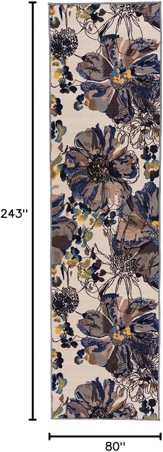 Rugshop Cream Bright Flowers Non Slip Non-Shedding Runner Rug for Hallway, Kitchen and Laundry Room, 2'7" x 8'