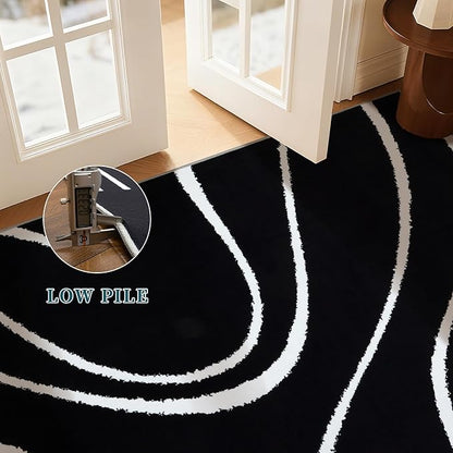YIHOUSE Abstract Washable Rug 5x7,Ultra Thin Non Slip Black Rugs for Living Room,Modern Minimalist White Stripe Rugs for Bedroom,Dining Room Office Playroom (5'x7',Black-2)