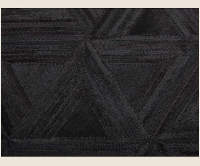 Black Round Area Rug 7×7 ft – Anti-Slip Cowhide Leather Rug with Geometric Pattern for Living Room, Bedroom, Dining Room, Kids Room & Modern Home Decor